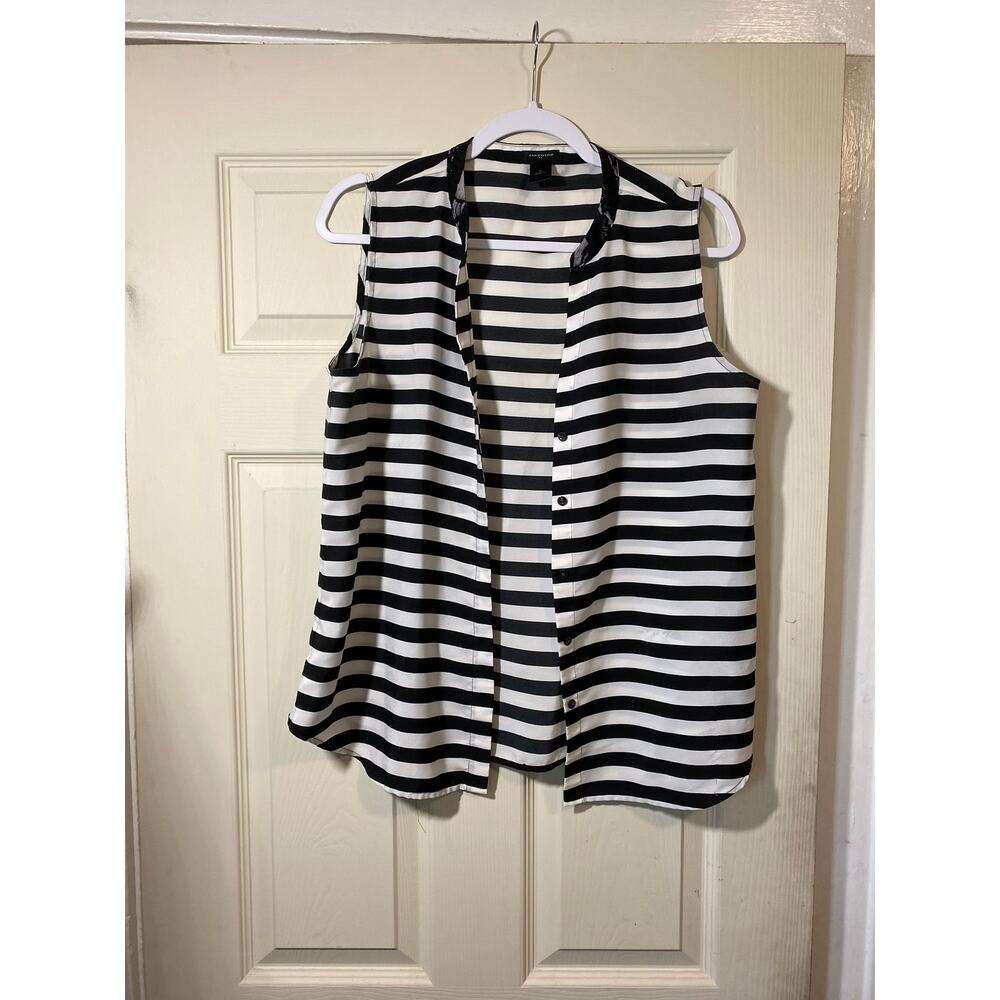 Ann Taylor Black and White Striped Button Up Blouse, Size Medium